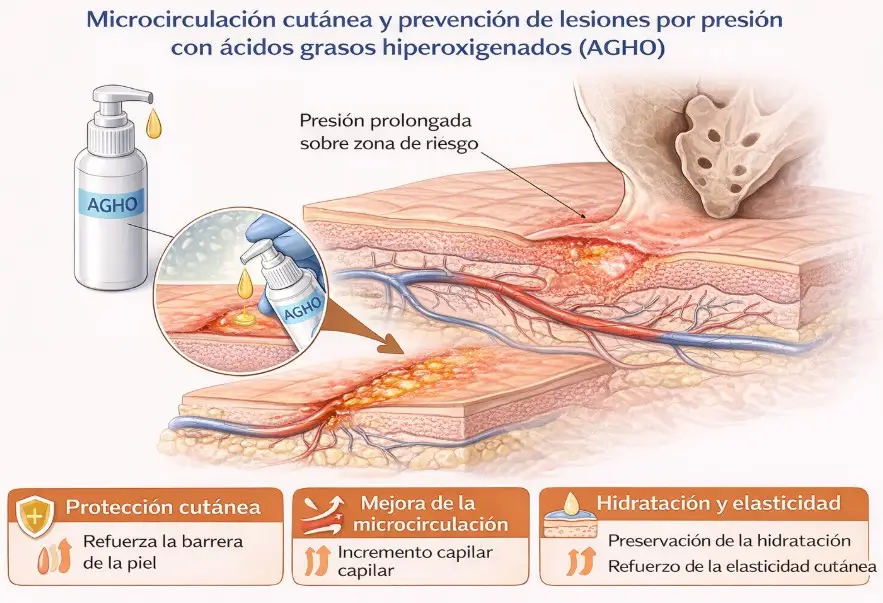Microcirculación cutánea y prevención de lesiones por presión con AGHO Esquema de la microcirculación cutánea y del efecto de los ácidos grasos hiperoxigenados (AGHO) en la prevención de lesiones por presión.