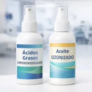 Frascos de ácidos grasos hiperoxigenados y aceite ozonizado utilizados en el cuidado de la piel y la prevención de úlceras por presión.