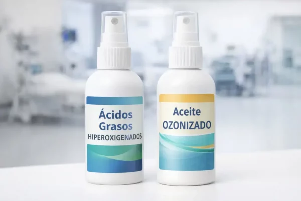 Frascos de ácidos grasos hiperoxigenados y aceite ozonizado utilizados en el cuidado de la piel y la prevención de úlceras por presión.