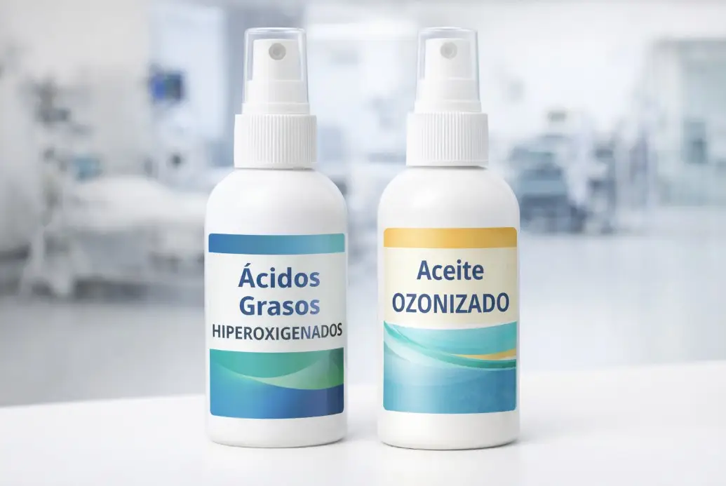 Frascos de ácidos grasos hiperoxigenados y aceite ozonizado utilizados en el cuidado de la piel y la prevención de úlceras por presión.