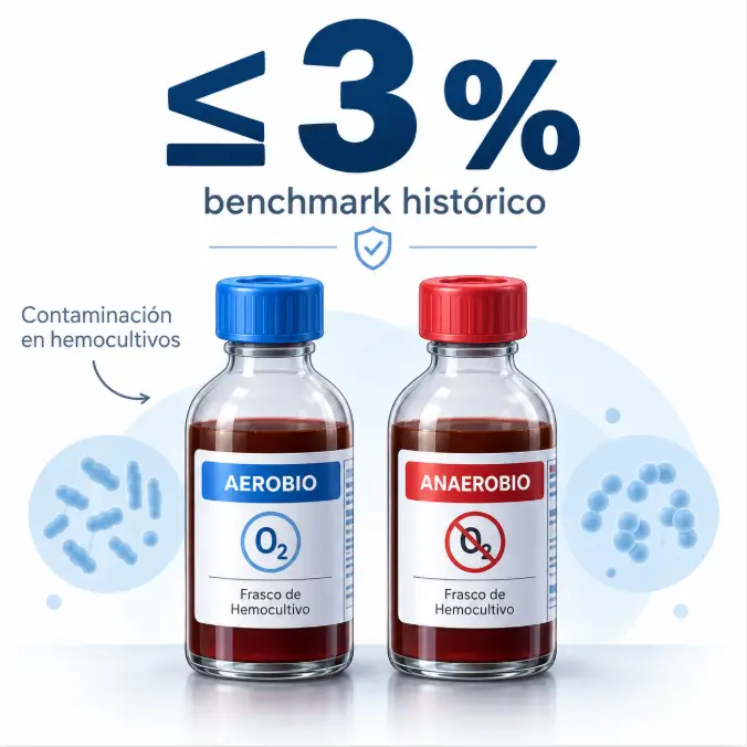 Ilustración con dos frascos de hemocultivo y el umbral histórico del 3 por ciento de contaminación