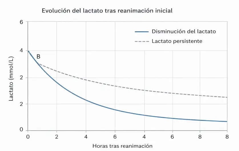 Gráfica esquemática de la evolución del lactato tras reanimación inicial en sepsis, comparando descenso progresivo frente a lactato persistente en las primeras horas.