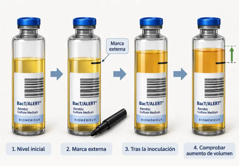 Secuencia para marcar externamente el nivel inicial de un frasco de hemocultivo y comprobar el aumento de volumen tras la inoculación