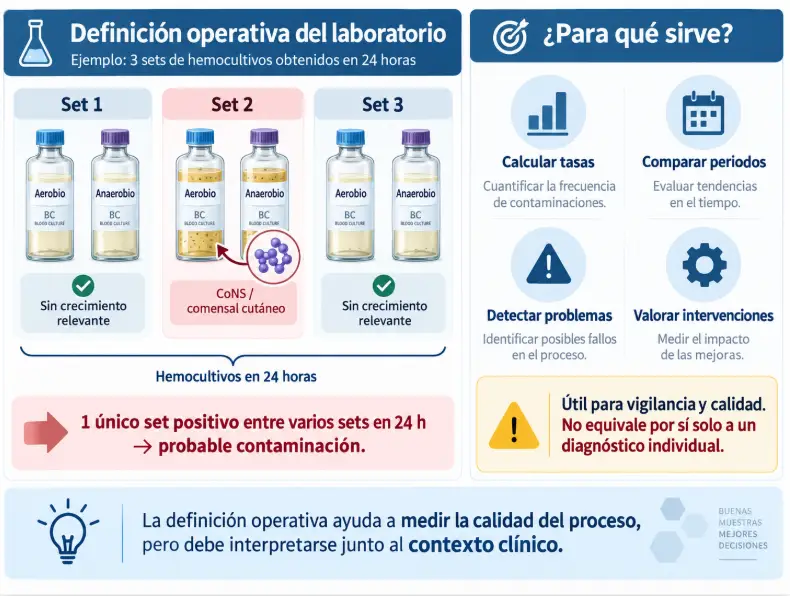 Infografía sobre la definición operativa de contaminación de hemocultivos y su utilidad para vigilancia de calidad