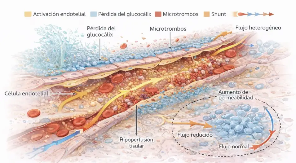 Esquema de la disfunción microcirculatoria en sepsis mostrando activación endotelial, pérdida del glucocálix, microtrombosis, aumento de permeabilidad capilar y perfusión heterogénea con hipoperfusión tisular.