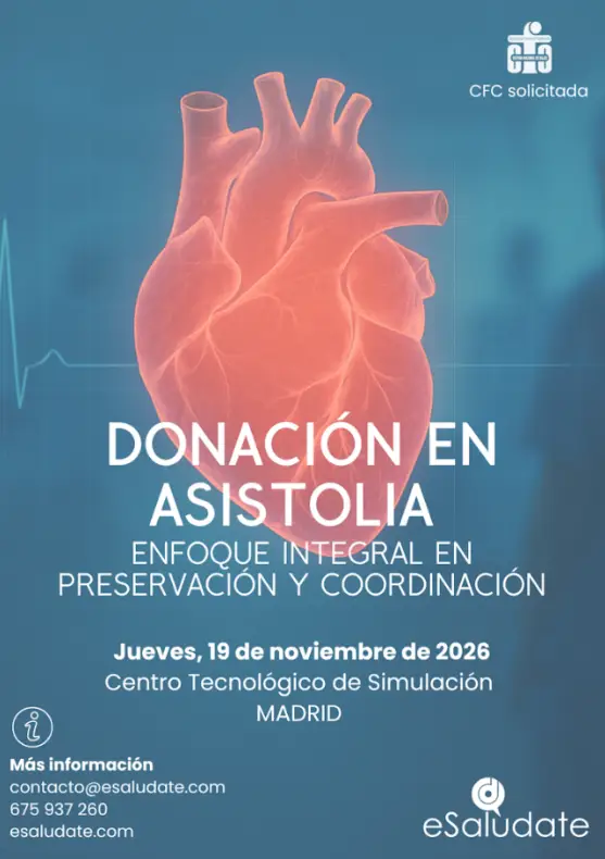 Cartel del curso Donación en asistolia: enfoque integral en preservación y coordinación, Madrid, 19 de noviembre de 2026.