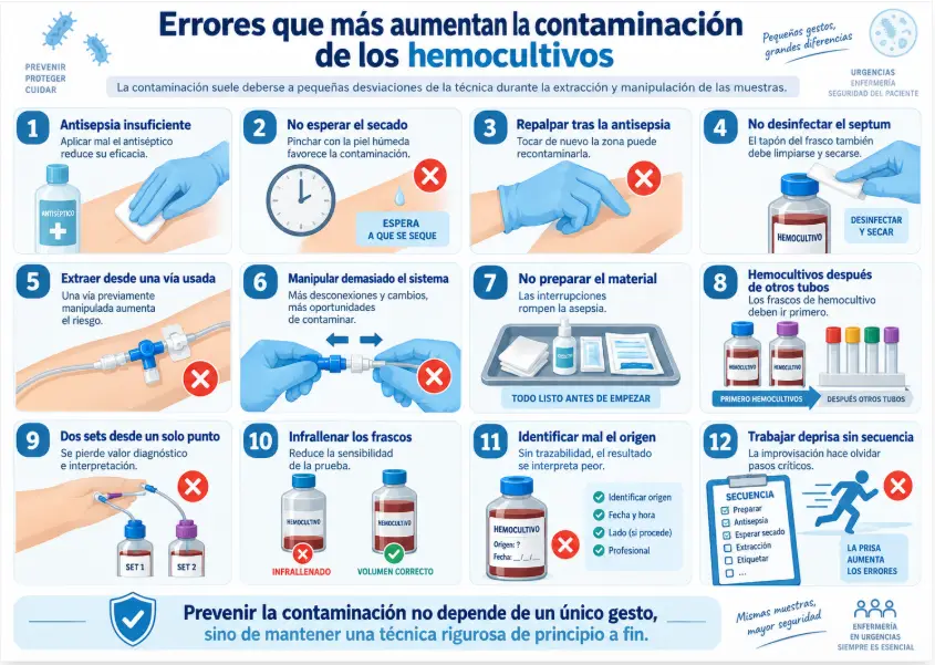Infografía sobre los errores que aumentan la contaminación de los hemocultivos en Urgencias