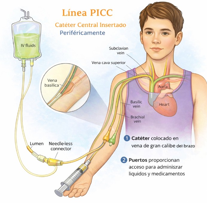 Esquema de catéter PICC mostrando su recorrido desde la vena basílica hasta la vena cava superior para terapia de infusión.