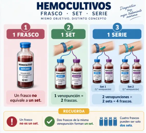 Ilustración que muestra la diferencia entre frasco, set y serie de hemocultivos