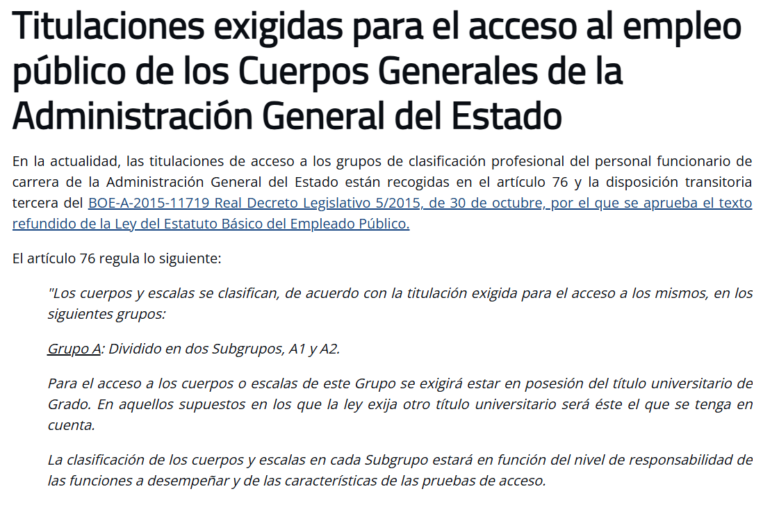 Captura de Función Pública sobre el artículo 76 del EBEP, que establece que el Grupo A se divide en A1 y A2 y exige título universitario de Grado.