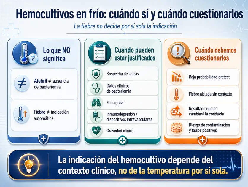 Infografía clínica sobre hemocultivos en frío que resume qué no significan, cuándo pueden estar justificados y cuándo deben cuestionarse, destacando que la indicación depende del contexto clínico y no de la fiebre por sí sola.