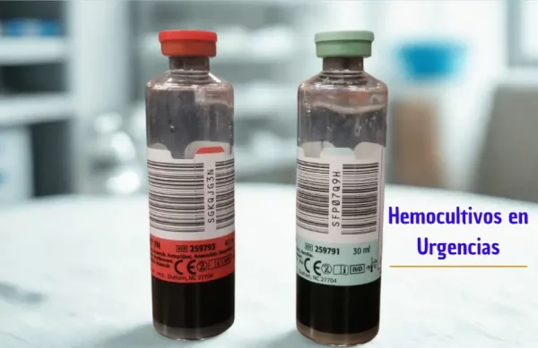 Imagen destacada con frascos de hemocultivo para un artículo sobre cuándo extraerlos, cuántos obtener y de dónde en Urgencias.