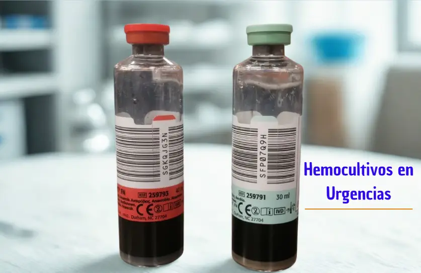 Imagen destacada con frascos de hemocultivo para un artículo sobre cuándo extraerlos, cuántos obtener y de dónde en Urgencias.