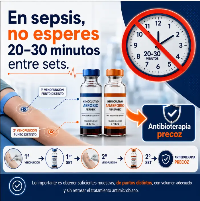 Ilustración clínica cuadrada sobre sepsis con dos frascos de hemocultivo, dos puntos de venopunción, un reloj tachado y una flecha hacia antibioterapia precoz para indicar que no debe esperarse 20–30 minutos entre sets.