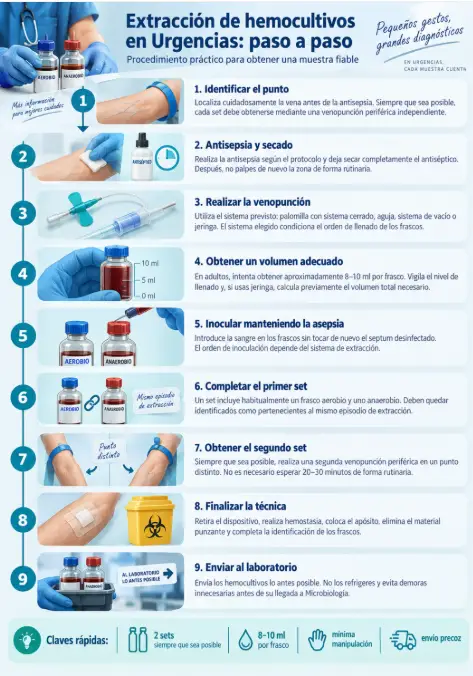 Infografía sobre la extracción de hemocultivos en Urgencias paso a paso