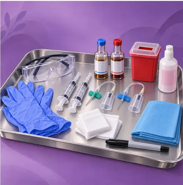 Bandeja con material necesario para la extracción de hemocultivos en Urgencias
