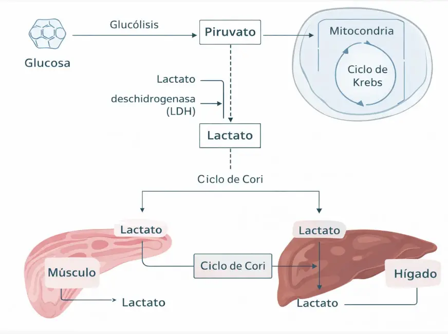 Esquema del metabolismo del lactato en sepsis mostrando glucólisis, conversión de piruvato a lactato mediante LDH, oxidación mitocondrial y ciclo de Cori entre músculo e hígado.