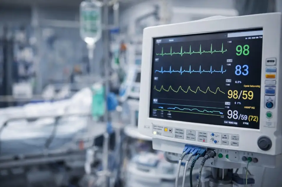 Monitor multiparamétrico en un box de urgencias mostrando constantes hemodinámicas en un paciente con sospecha de sepsis.