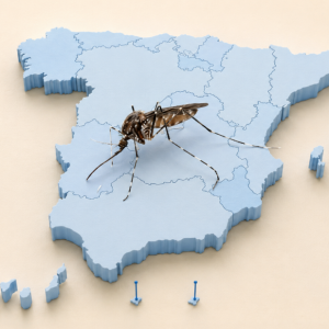 Mosquitos y enfermedades emergentes en España representados mediante un mosquito sobre el mapa del país.
