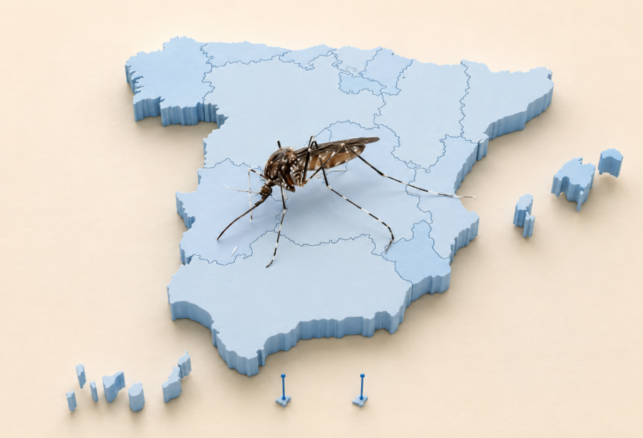 Mosquitos y enfermedades emergentes en España representados mediante un mosquito sobre el mapa del país.
