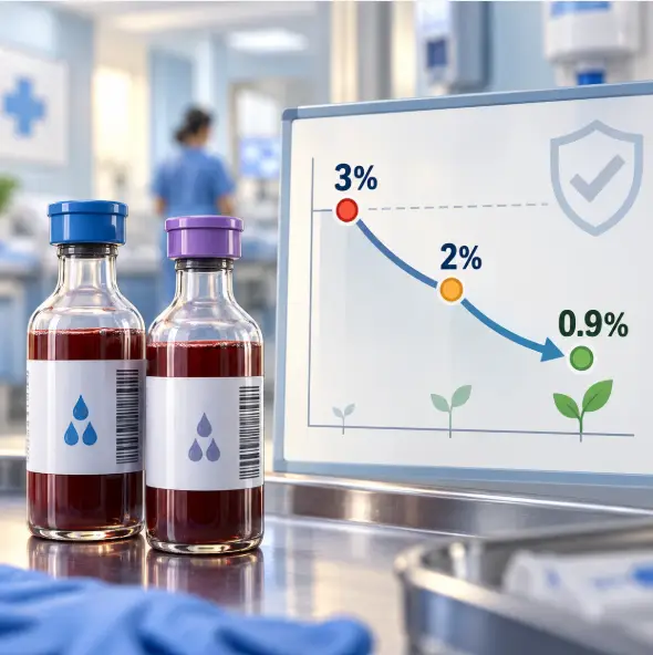 Ilustración de mejora progresiva de la tasa de contaminación de hemocultivos desde el 3 por ciento hasta el 0,9 por ciento