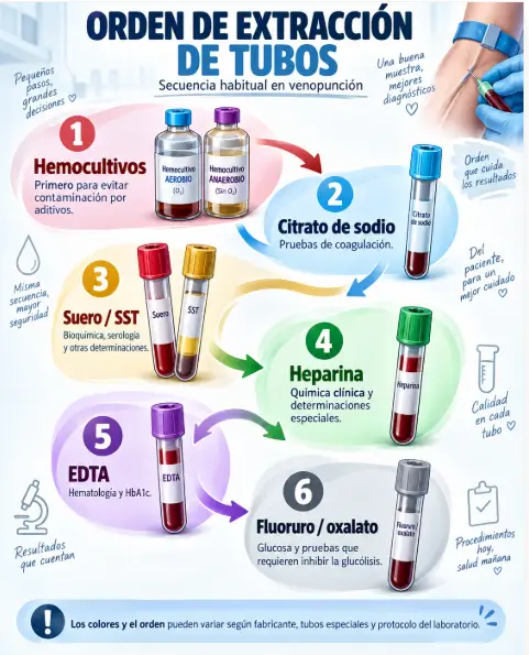 Infografía sobre el orden de extracción de tubos en venopunción, desde hemocultivos hasta fluoruro oxalato