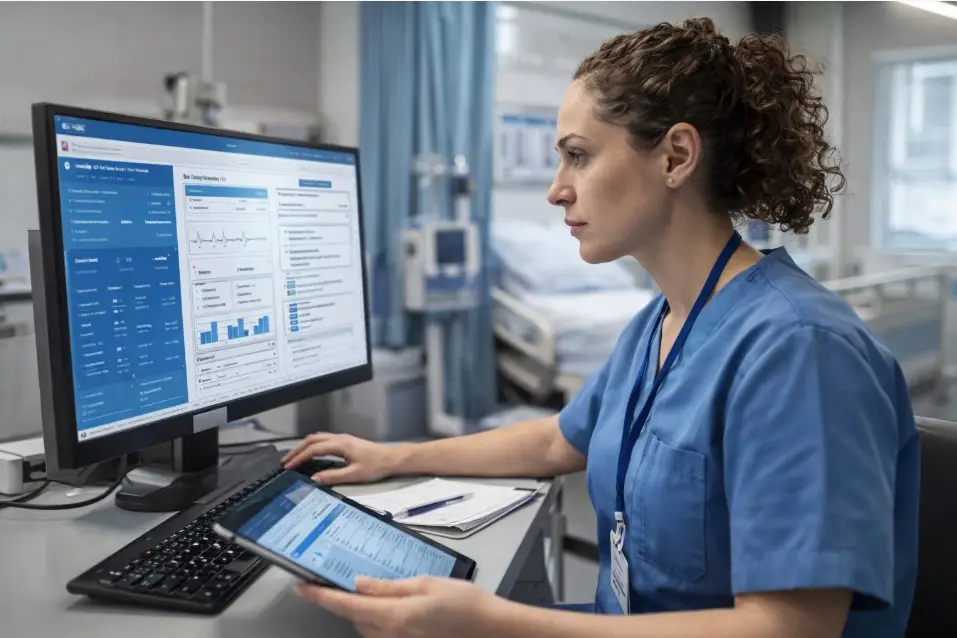 Enfermera de práctica avanzada revisando datos clínicos en entorno hospitalario