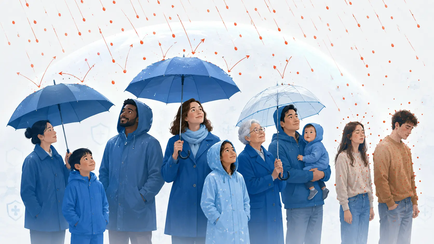 Ilustración de varias personas protegidas con paraguas y chubasqueros frente a una lluvia simbólica, mientras otras quedan expuestas, para representar que la vacunación ofrece una protección muy alta aunque no absoluta