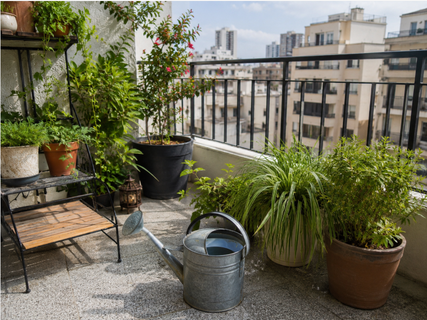 Terraza urbana con plantas y una regadera con agua acumulada, un posible criadero de mosquitos.