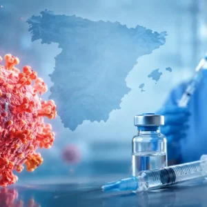 Imagen destacada sobre sarampión y vacunación en España, con representación del virus, referencia visual a la vacuna y alusión al contexto español