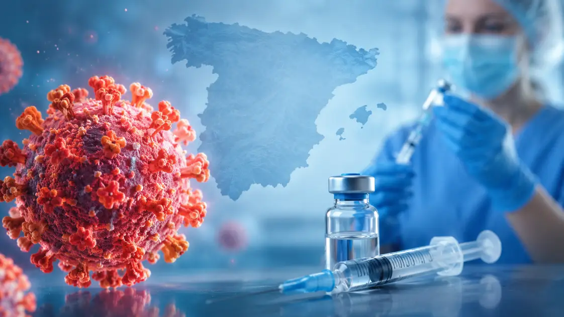 Imagen destacada sobre sarampión y vacunación en España, con representación del virus, referencia visual a la vacuna y alusión al contexto español