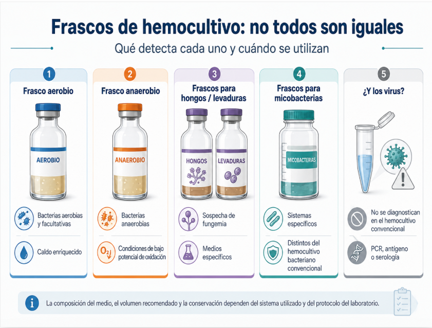 Infografía sobre frascos de hemocultivo aerobio, anaerobio, para hongos, micobacterias y métodos diagnósticos para virus.