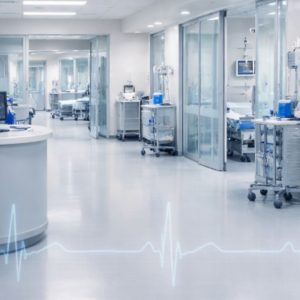 Zona de urgencias hospitalaria moderna con boxes y estación clínica