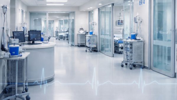 Zona de urgencias hospitalaria moderna con boxes y estación clínica