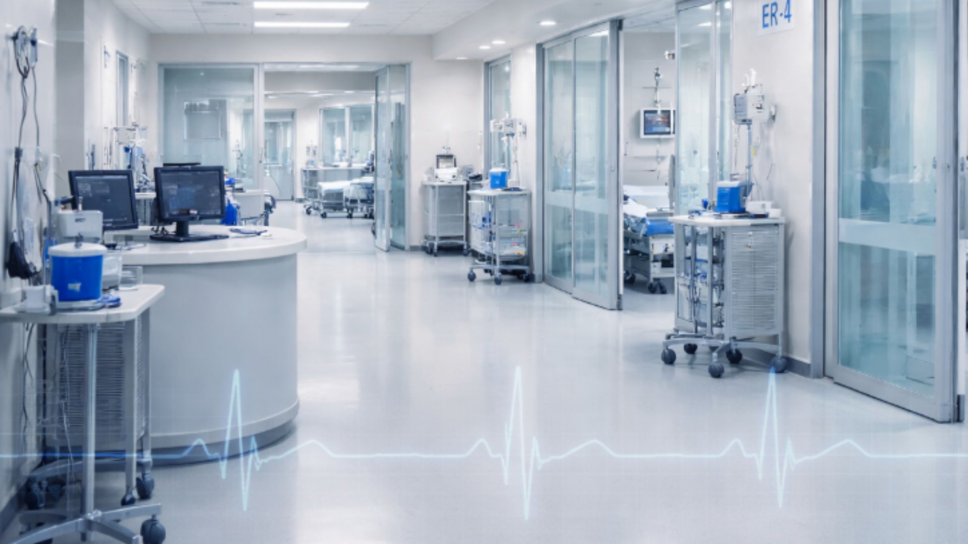 Zona de urgencias hospitalaria moderna con boxes y estación clínica