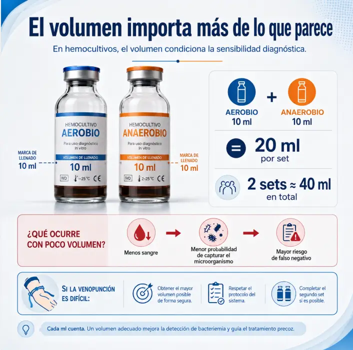 Infografía sobre la importancia del volumen de sangre en los hemocultivos, con referencia a 10 ml por frasco, 20 ml por set y 40 ml en dos sets, y advertencia sobre el riesgo de falsos negativos si el volumen es insuficiente.